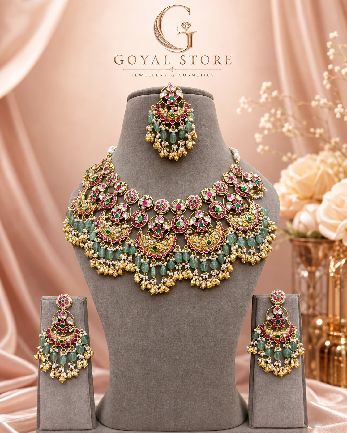 Prachi Kundan set Ruby or emerald stone 22 carat gold plated mint stone dropping 